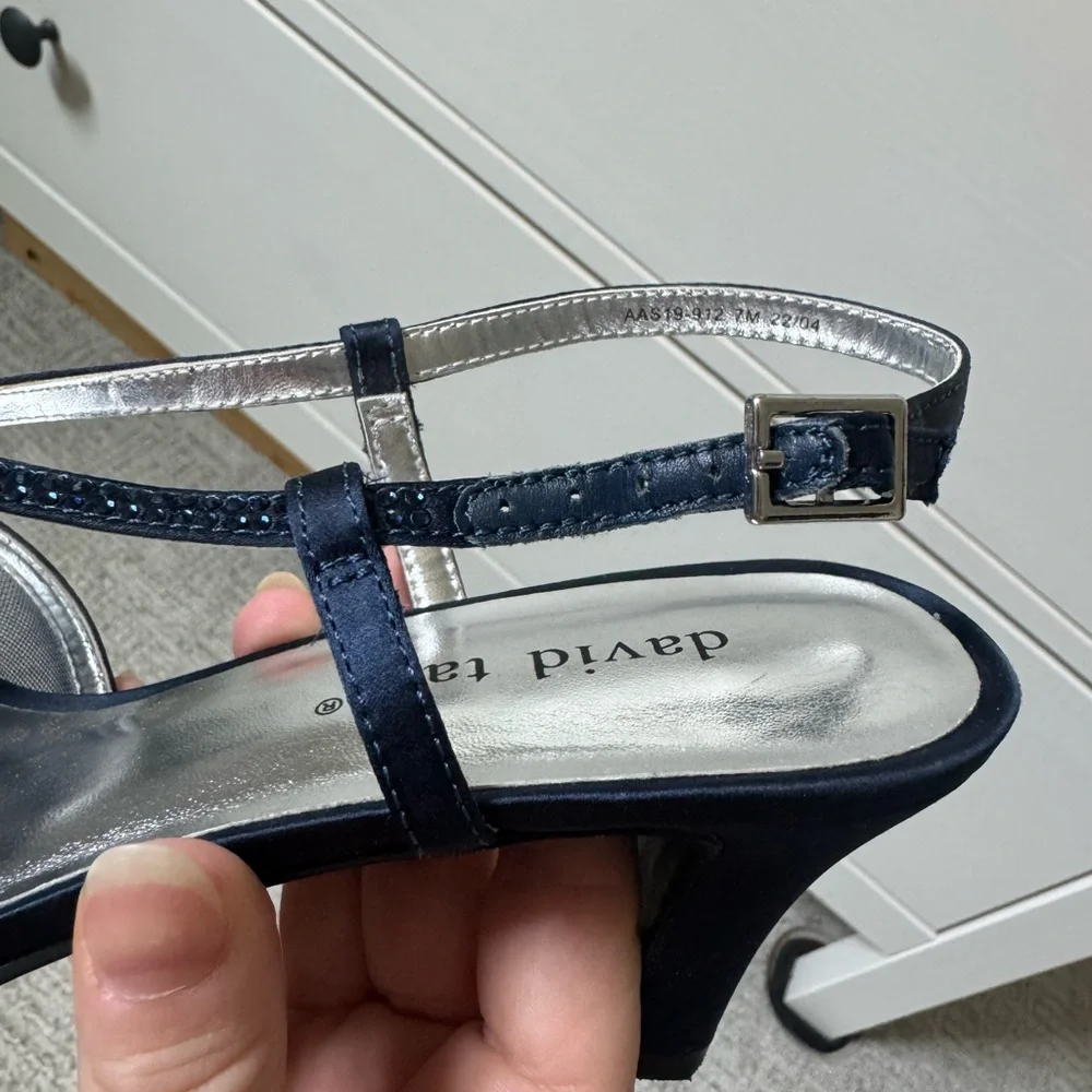 David Tate Navy Satin Open-Toe Crystal Slingback Heels - Picture 7 of 10